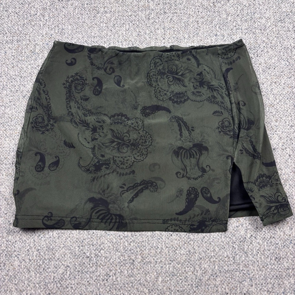 Princess Polly Matilde Green Paisleyā Mesh Mini Skirt Side Slit Women's